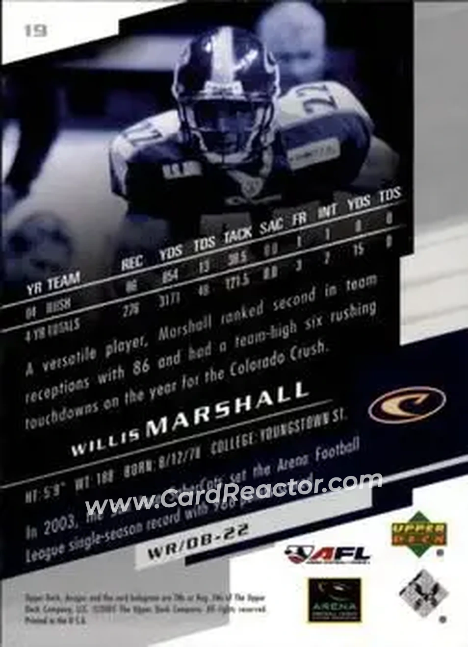 2005 Upper Deck AFL #19 - Willis Marshall - Colorado Crush - Back 2005 Upper Deck AFL #19 - Willis Marshall - Colorado Crush - Back