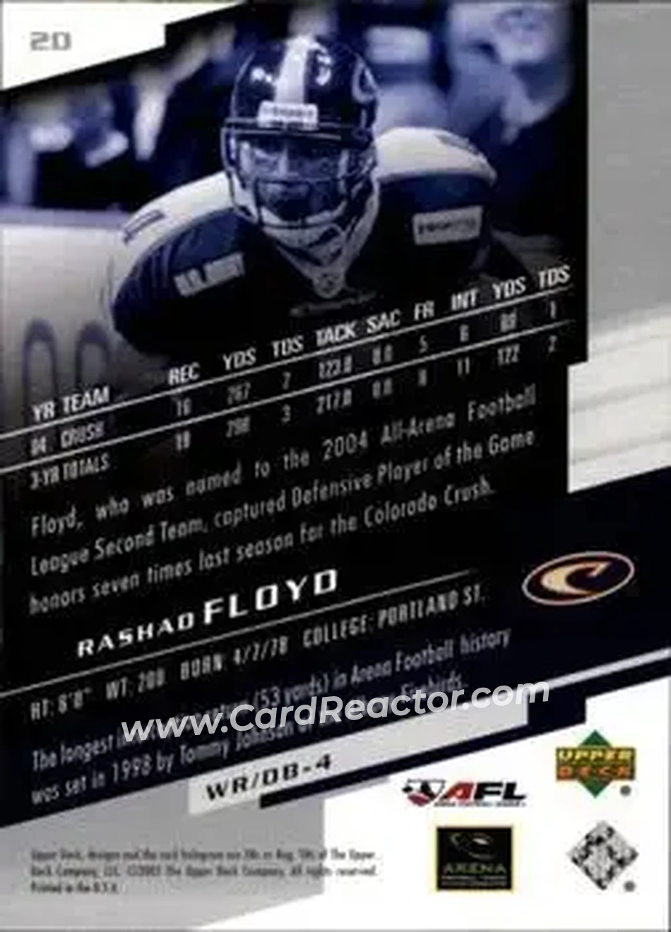 2005 Upper Deck AFL #20 - Rashad Floyd - Colorado Crush - Back 2005 Upper Deck AFL #20 - Rashad Floyd - Colorado Crush - Back