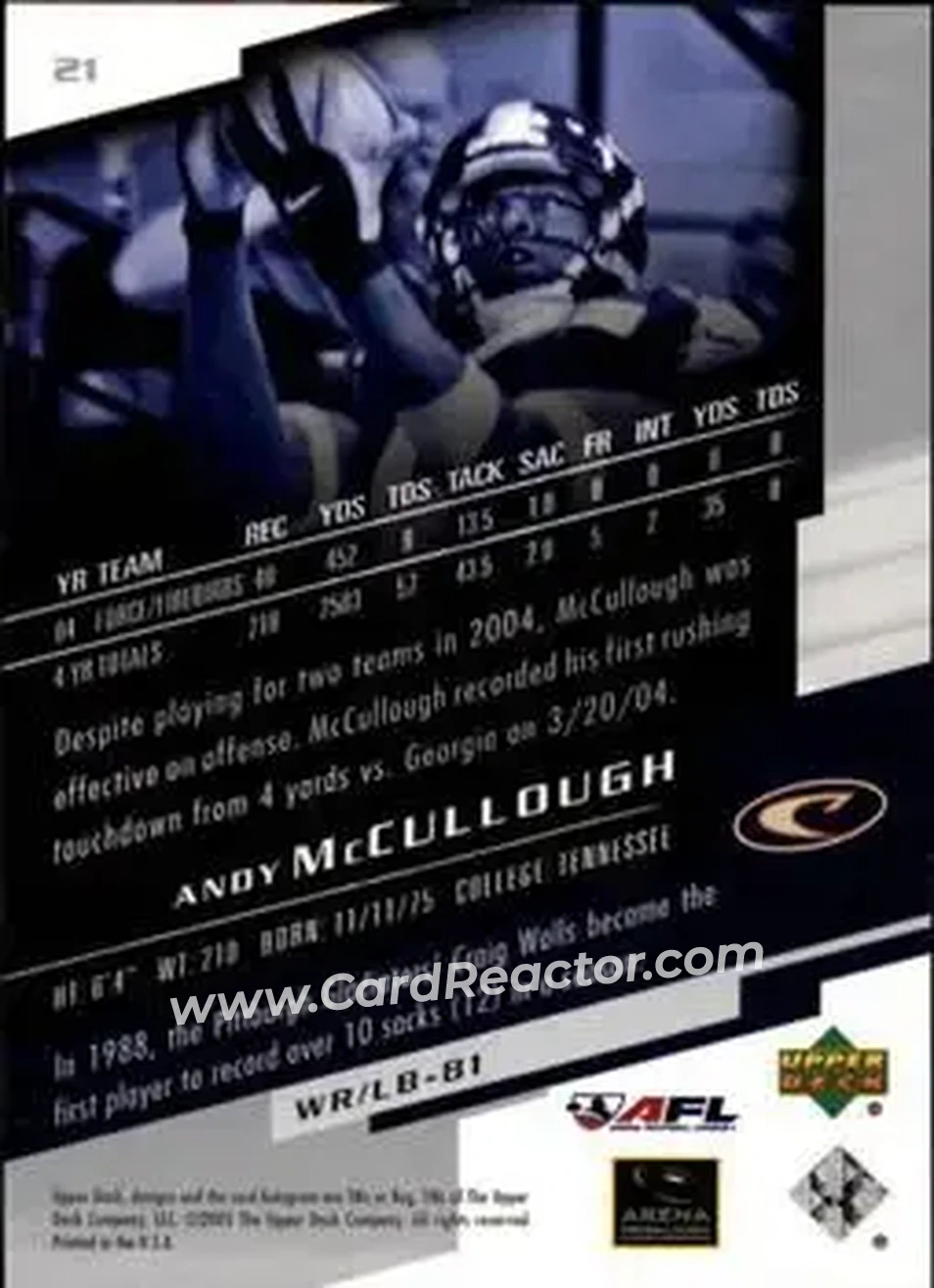 2005 Upper Deck AFL #21 - Andy McCullough - Colorado Crush - Back 2005 Upper Deck AFL #21 - Andy McCullough - Colorado Crush - Back