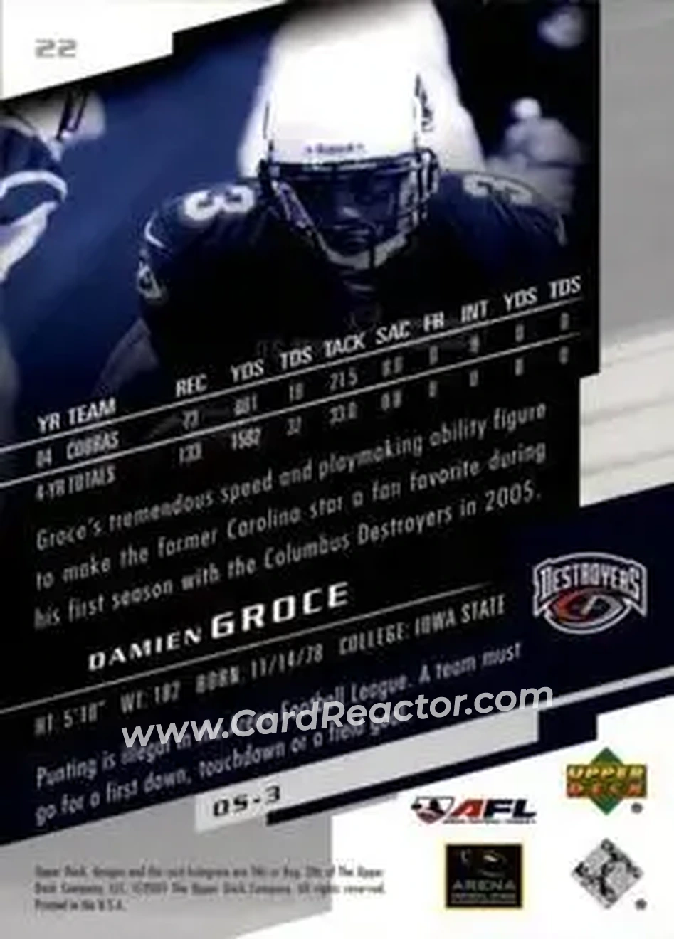2005 Upper Deck AFL #22 - Damien Groce - Columbus Destroyers - Back 2005 Upper Deck AFL #22 - Damien Groce - Columbus Destroyers - Back