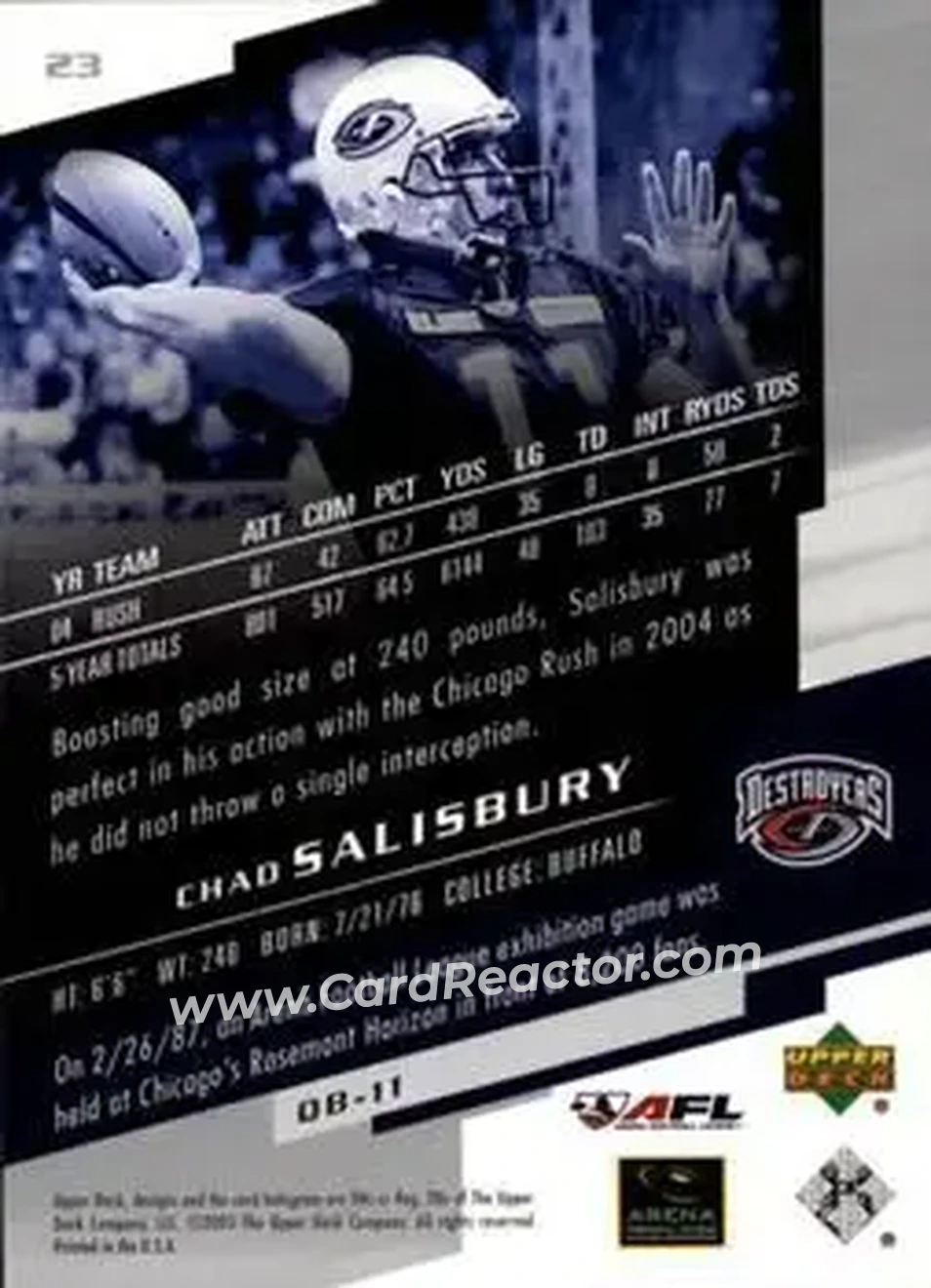 2005 Upper Deck AFL #23 - Chad Salisbury - Columbus Destroyers - Back 2005 Upper Deck AFL #23 - Chad Salisbury - Columbus Destroyers - Back
