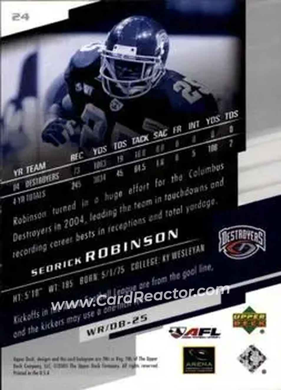 2005 Upper Deck AFL #24 - Sedrick Robinson - Columbus Destroyers - Back
