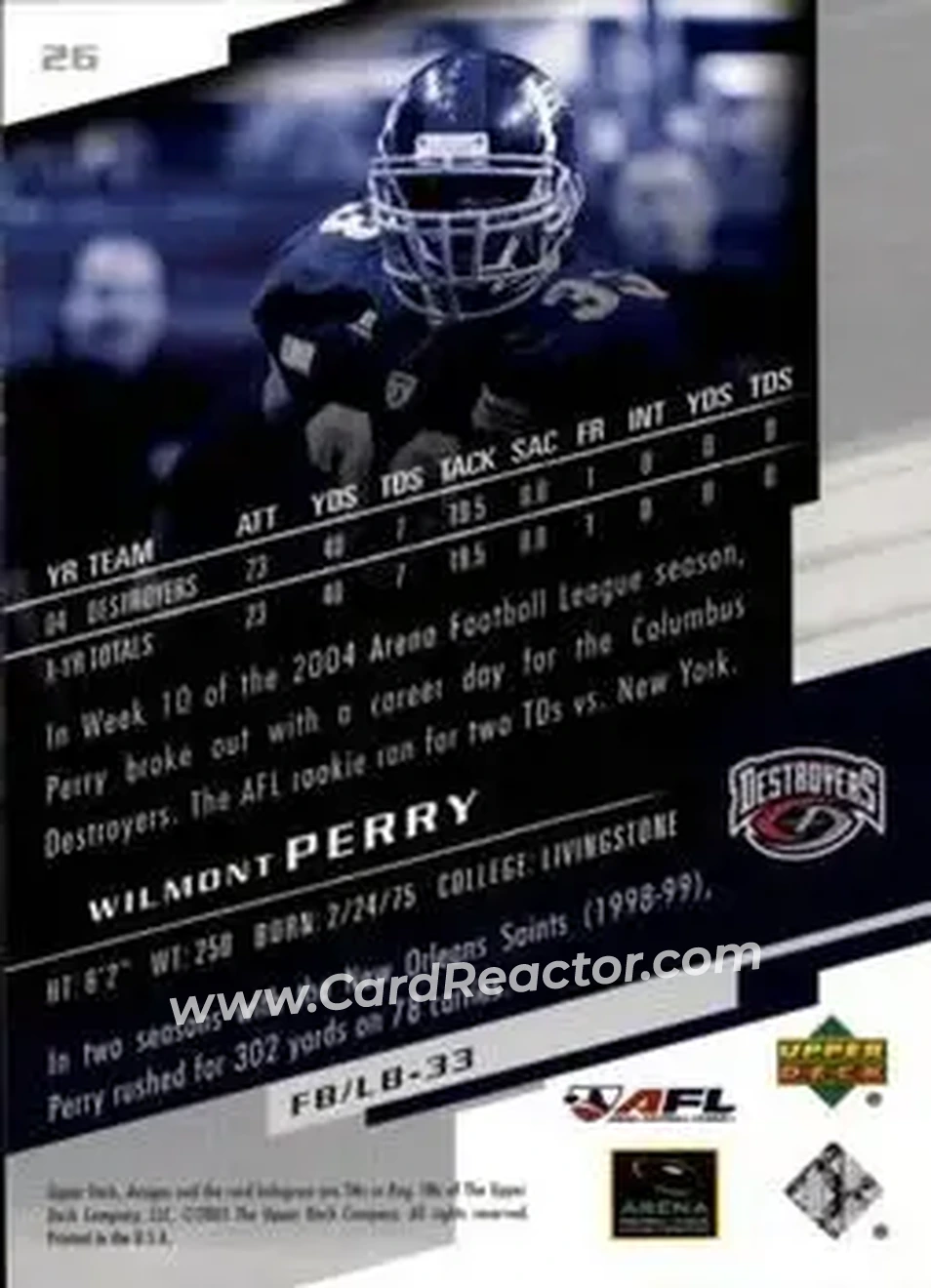 2005 Upper Deck AFL #26 - Wilmont Perry - Columbus Destroyers - Back