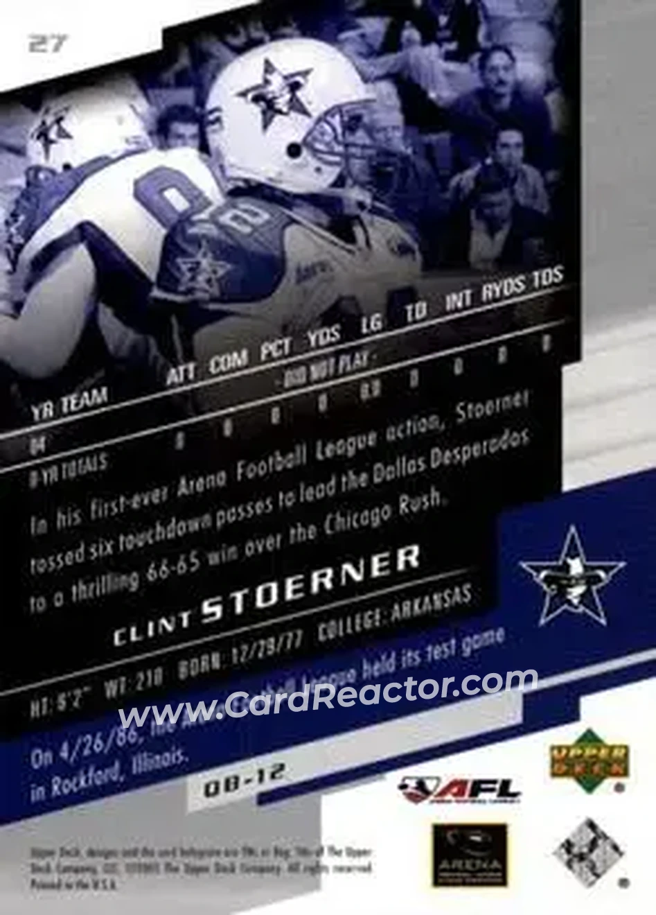 2005 Upper Deck AFL #27 - Clint Stoerner - Dallas Desperados - Back