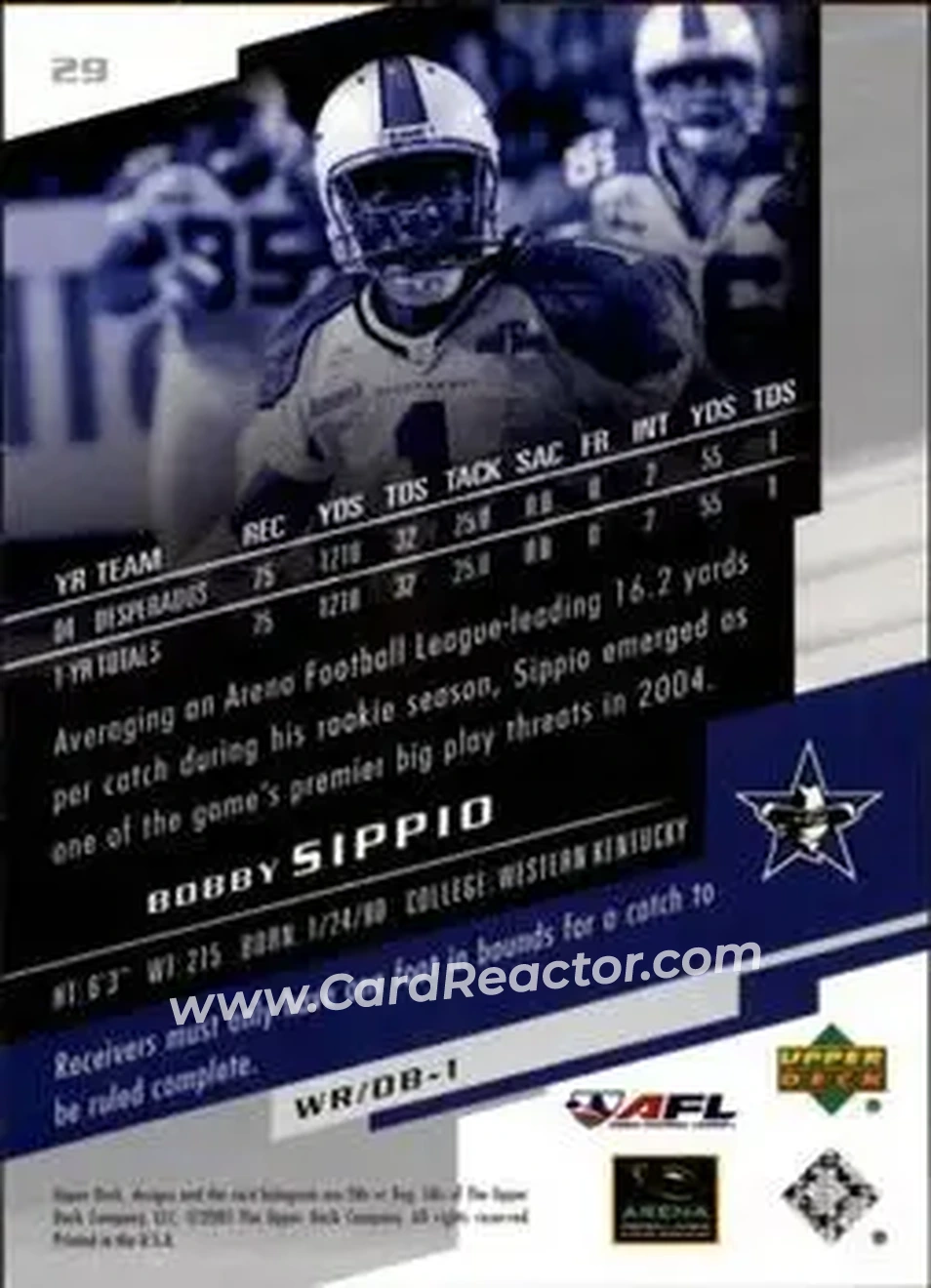 2005 Upper Deck AFL #29 - Bobby Sippio - Dallas Desperados - Back