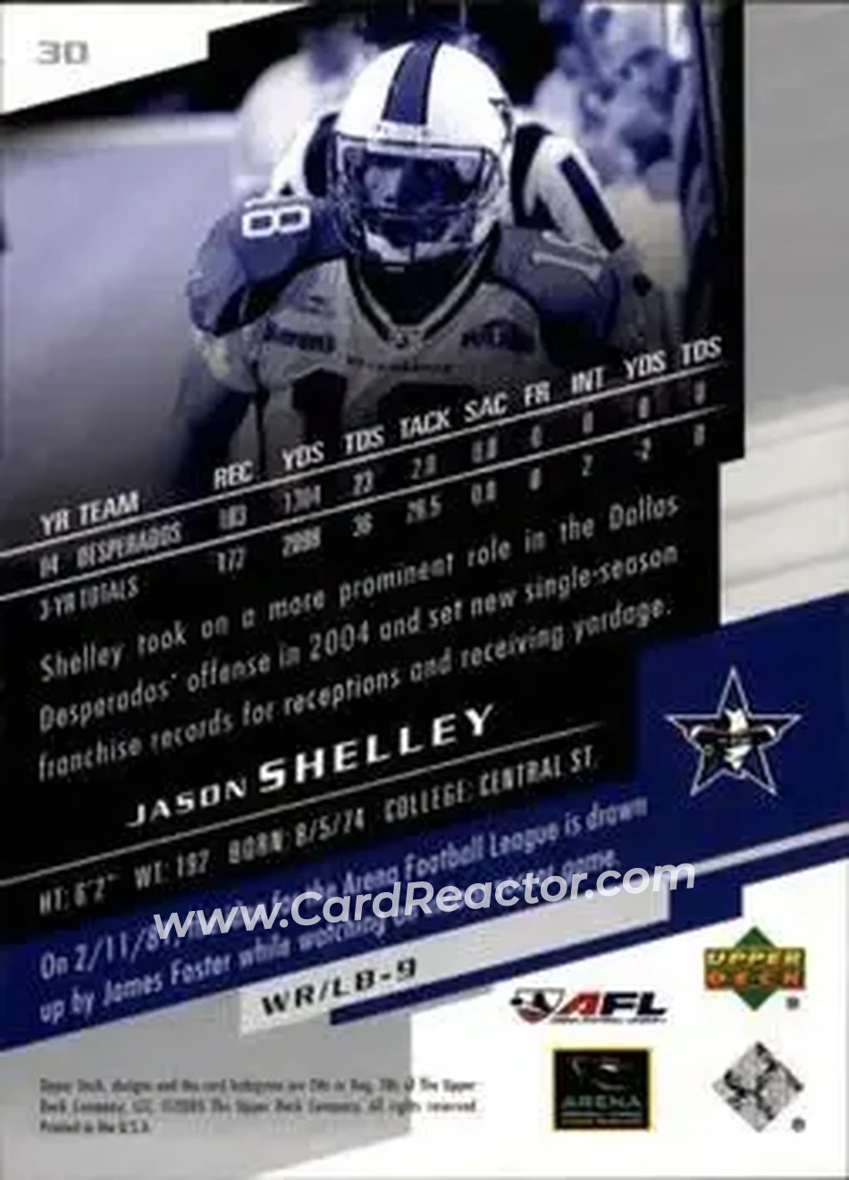 2005 Upper Deck AFL #30 - Jason Shelley - Dallas Desperados - Back