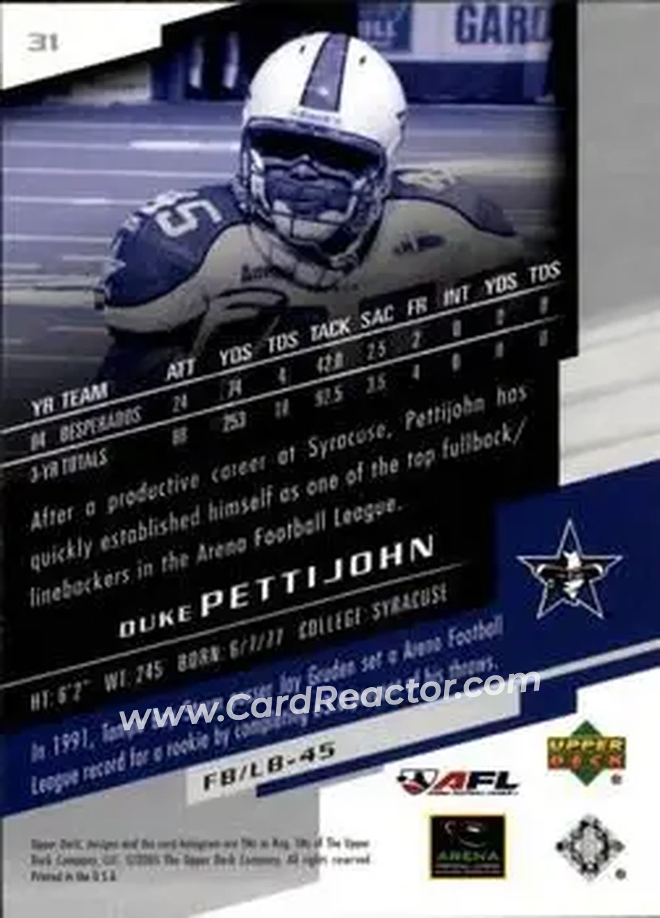 2005 Upper Deck AFL #31 - Duke Pettijohn - Dallas Desperados - Back