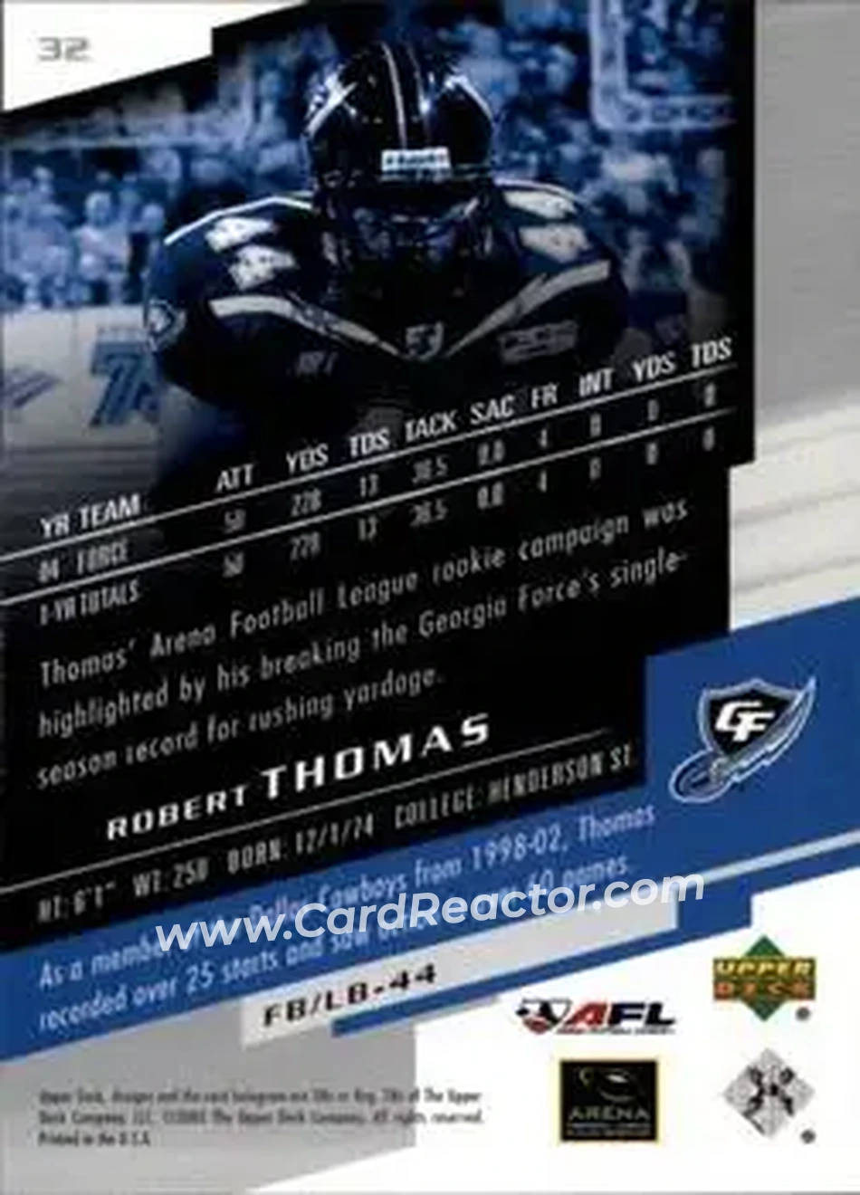 2005 Upper Deck AFL #32 - Robert Thomas - Georgia Force - Back
