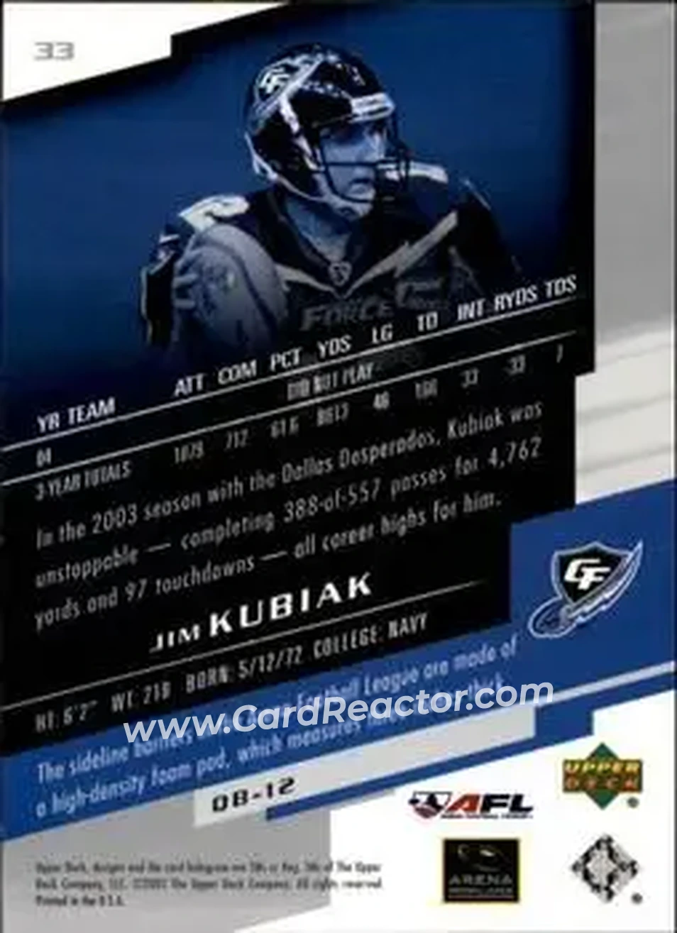 2005 Upper Deck AFL #33 - Jim Kubiak - Georgia Force - Back