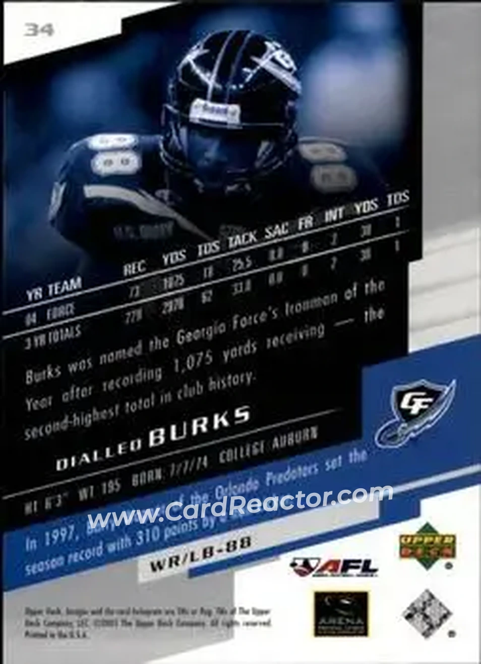 2005 Upper Deck AFL #34 - Dialleo Burks - Georgia Force - Back