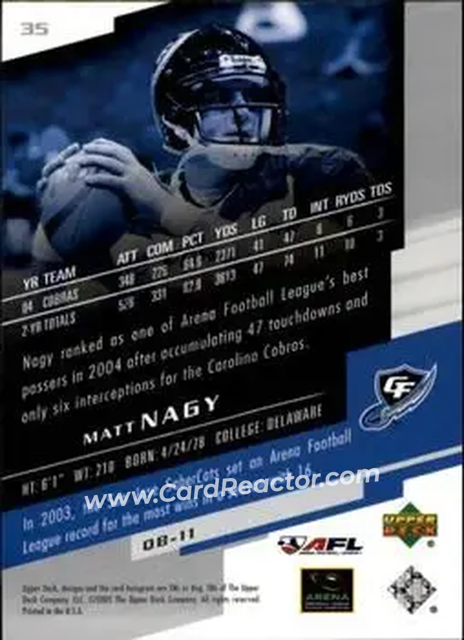 2005 Upper Deck AFL #35 - Matt Nagy - Georgia Force - Back