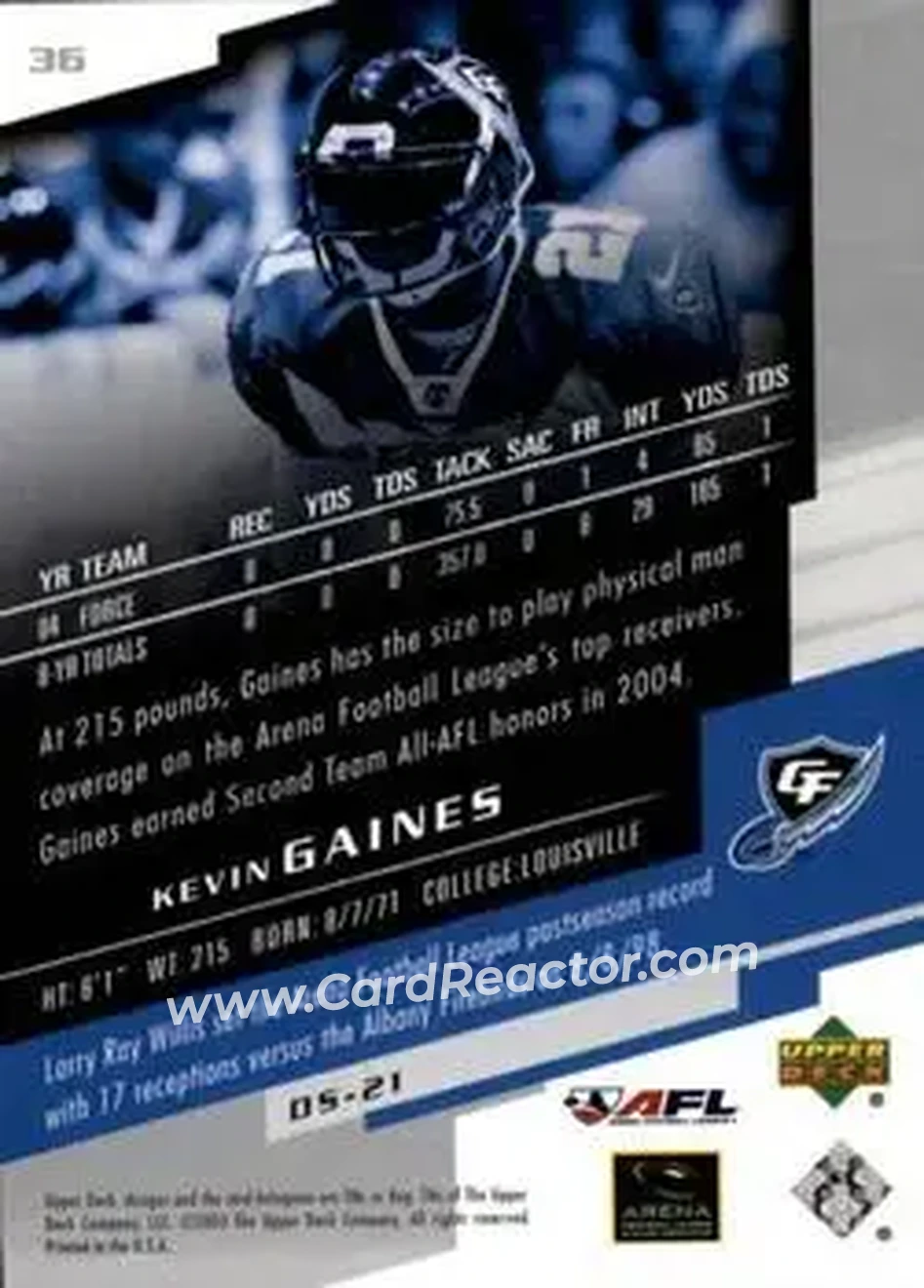 2005 Upper Deck AFL #36 - Kevin Gaines - Georgia Force - Back