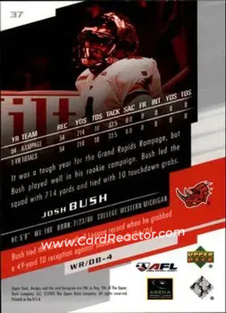 2005 Upper Deck AFL #37 - Josh Bush - Grand Rapids Rampage - Back
