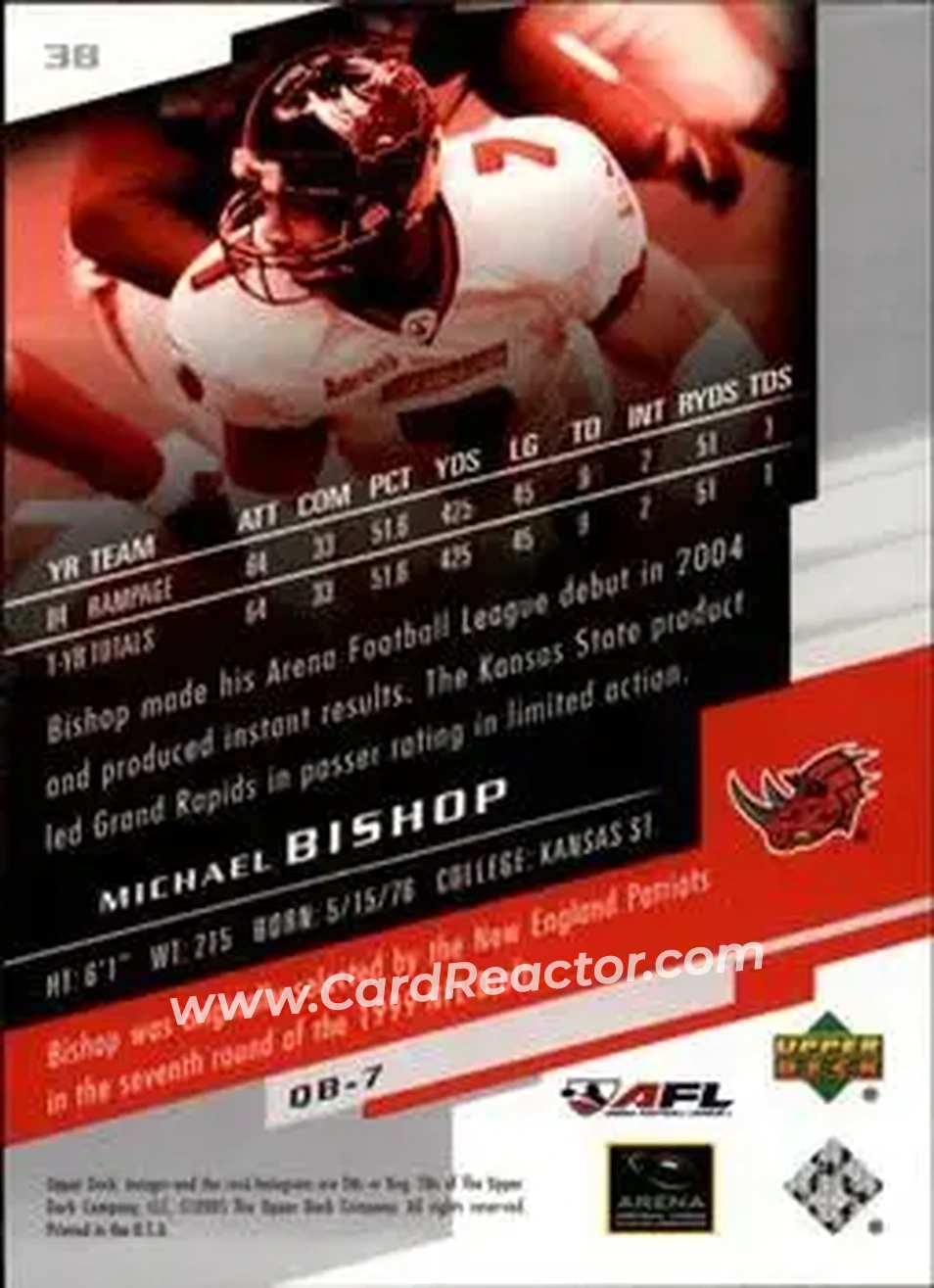 2005 Upper Deck AFL #38 - Michael Bishop - Grand Rapids Rampage - Back