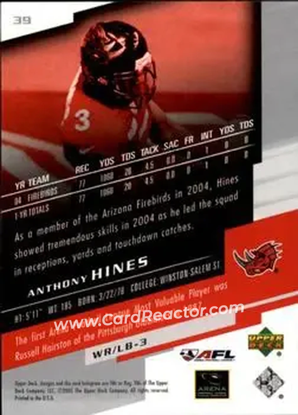 2005 Upper Deck AFL #39 - Anthony Hines - Grand Rapids Rampage - Back