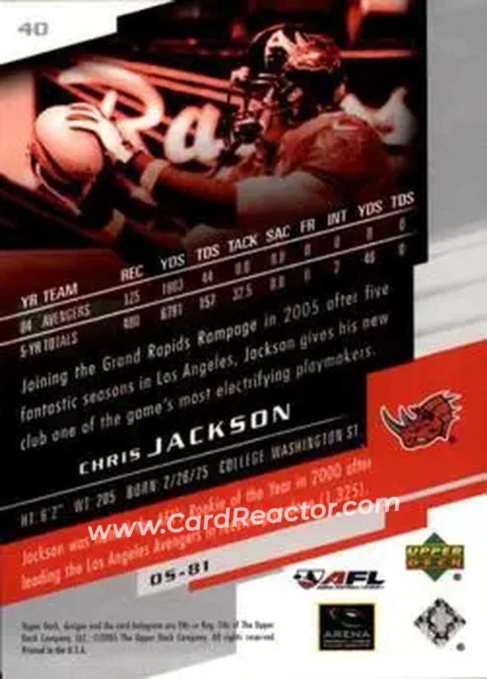 2005 Upper Deck AFL #40 - Chris Jackson - Grand Rapids Rampage - Back