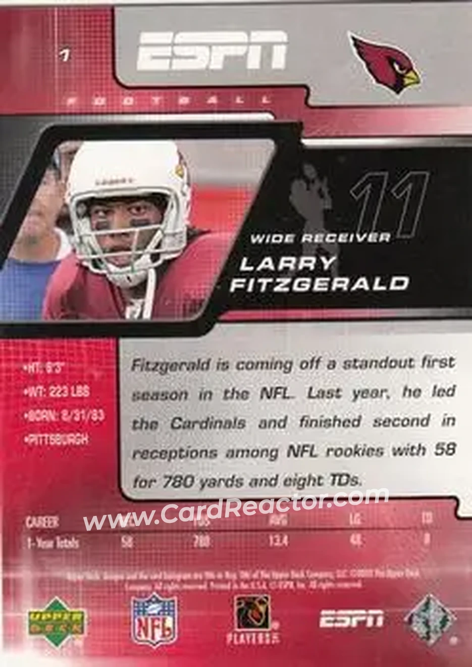 2005 Upper Deck ESPN #1 - Larry Fitzgerald - Arizona Cardinals - Back