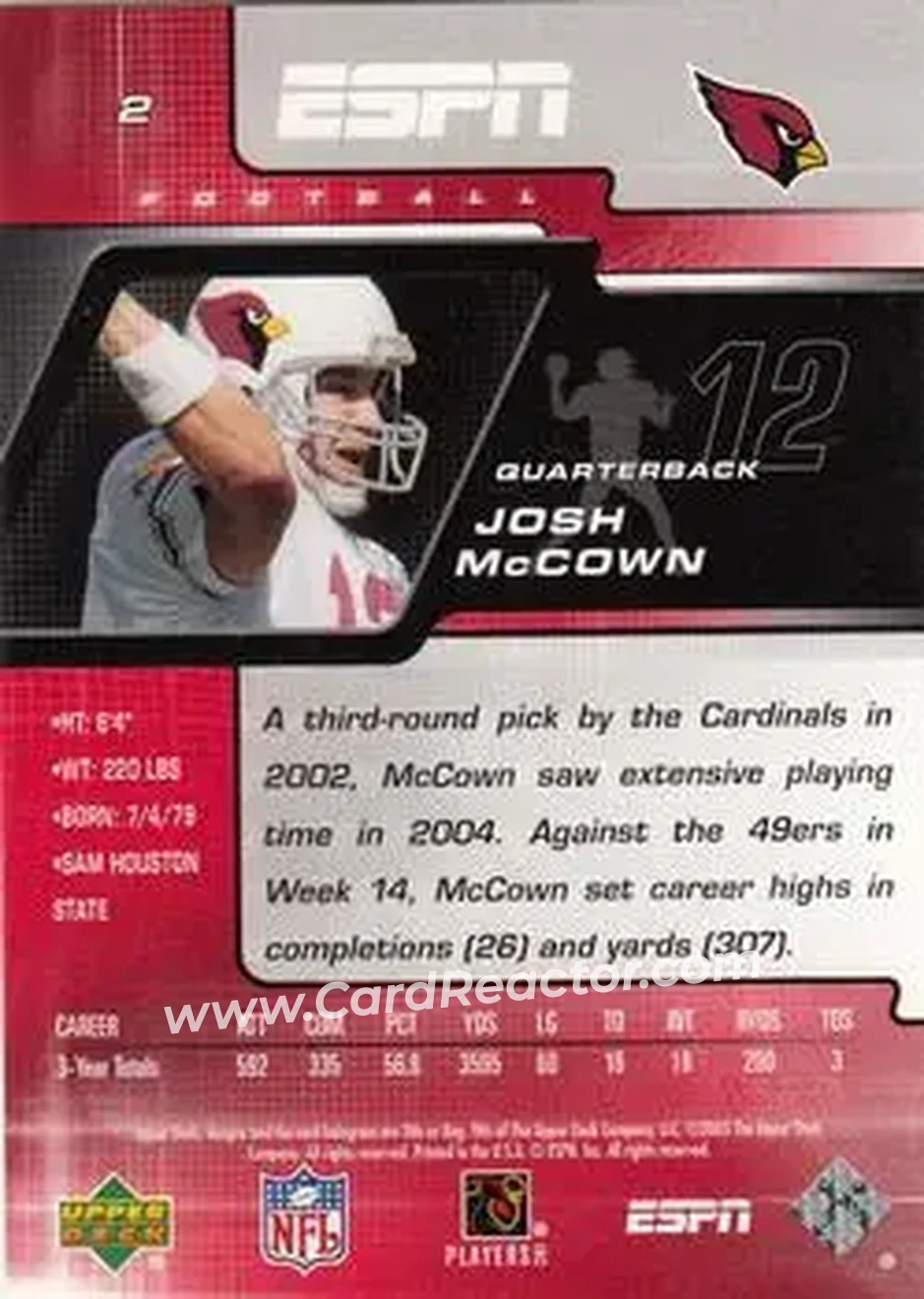 2005 Upper Deck ESPN #2 - Josh McCown - Arizona Cardinals - Back