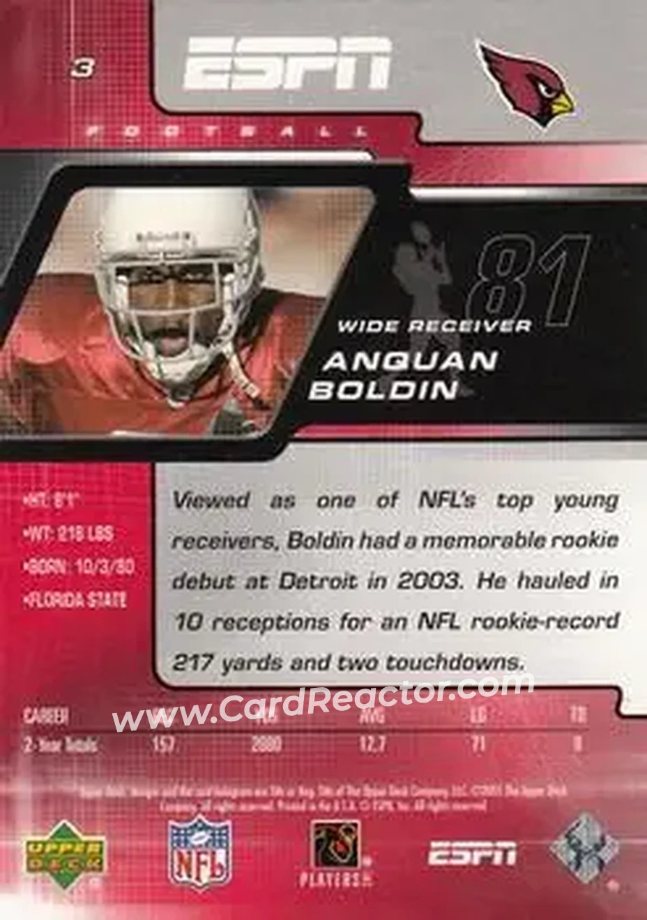 2005 Upper Deck ESPN #3 - Anquan Boldin - Arizona Cardinals - Back