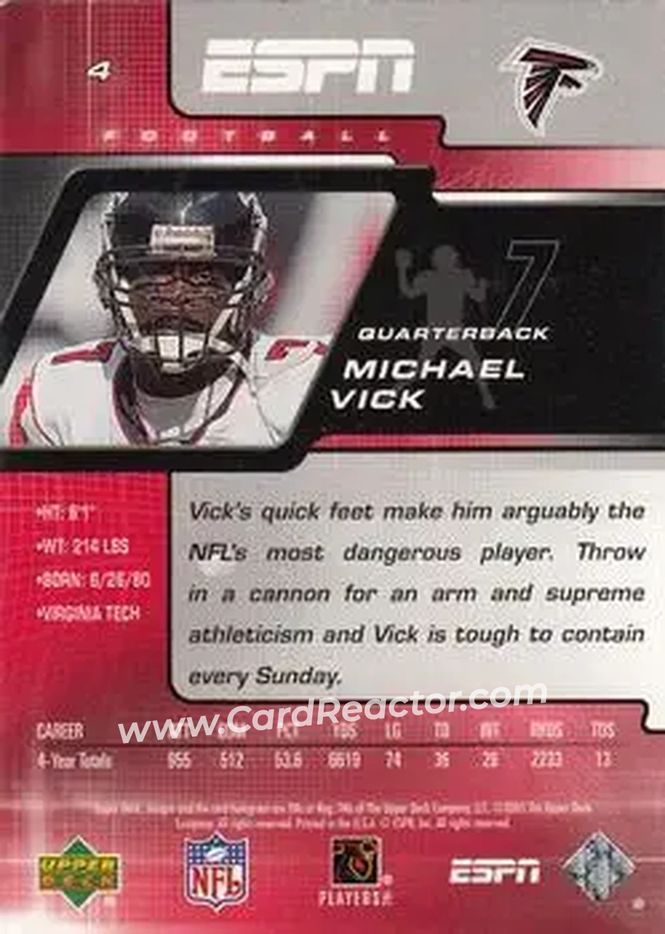2005 Upper Deck ESPN #4 - Michael Vick - Atlanta Falcons - Back 2005 Upper Deck ESPN #4 - Michael Vick - Atlanta Falcons - Back