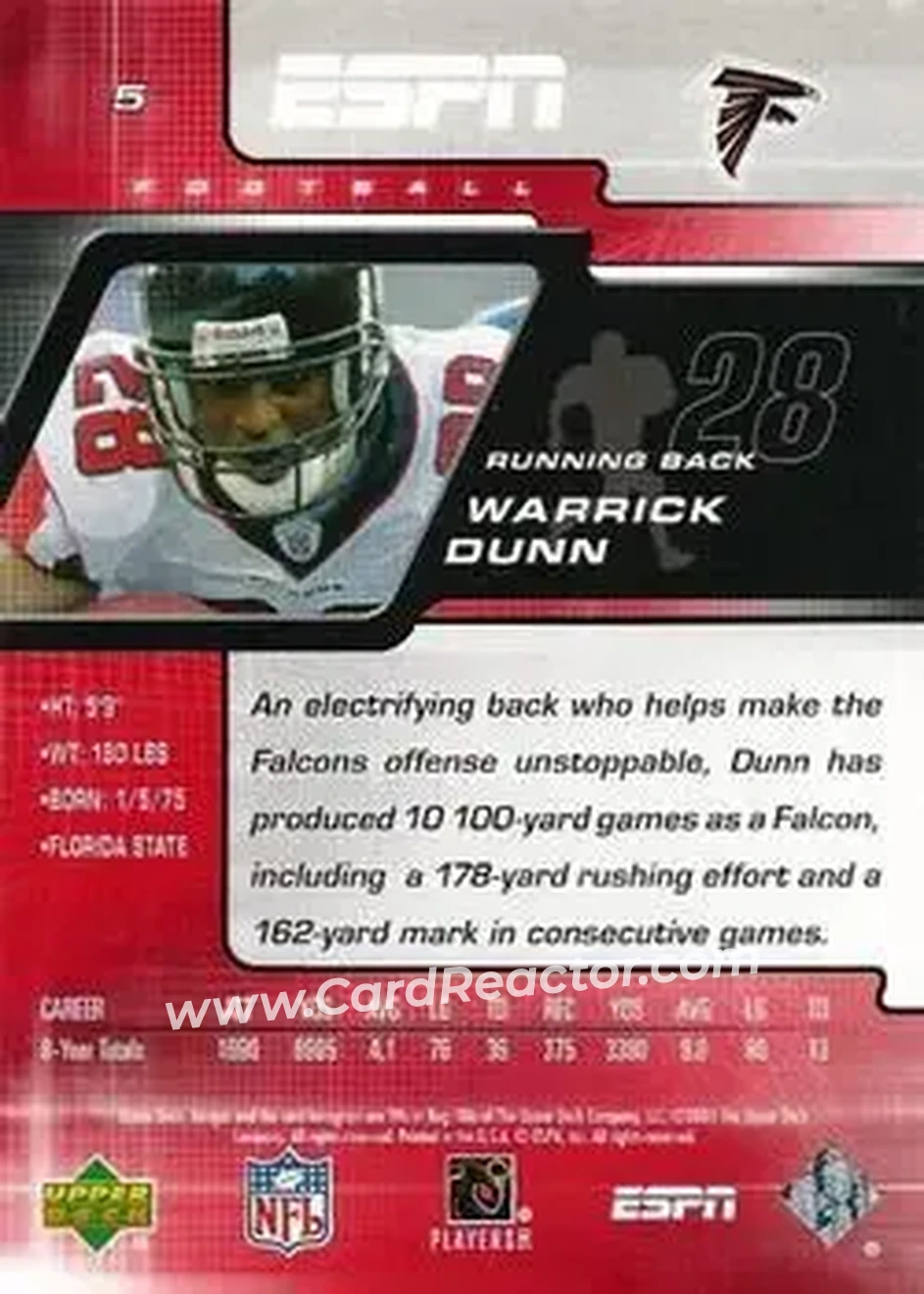 2005 Upper Deck ESPN #5 - Warrick Dunn - Atlanta Falcons - Back 2005 Upper Deck ESPN #5 - Warrick Dunn - Atlanta Falcons - Back