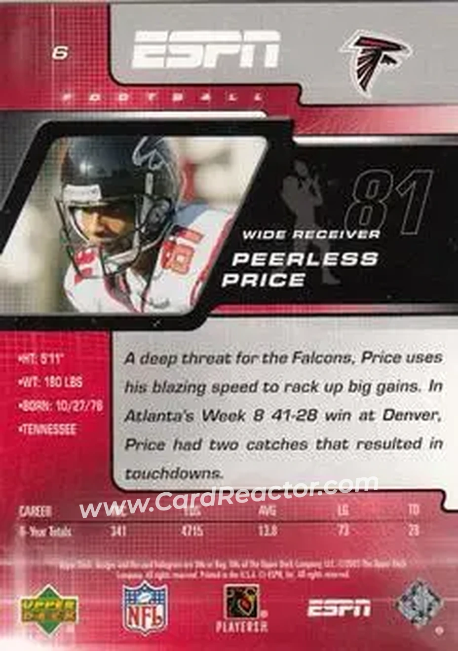 2005 Upper Deck ESPN #6 - Peerless Price - Atlanta Falcons - Back