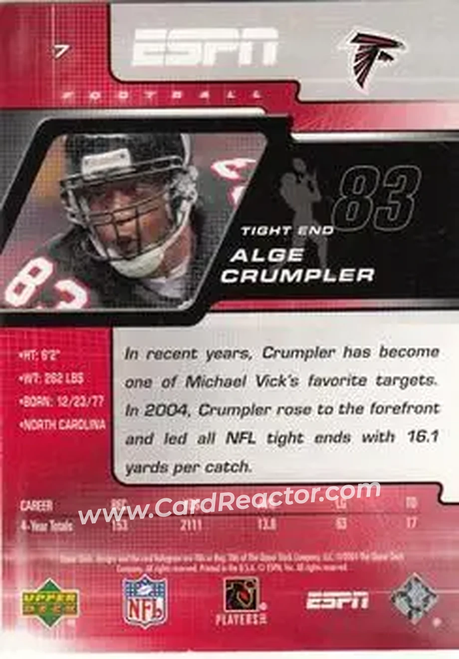 2005 Upper Deck ESPN #7 - Alge Crumpler - Atlanta Falcons - Back 2005 Upper Deck ESPN #7 - Alge Crumpler - Atlanta Falcons - Back