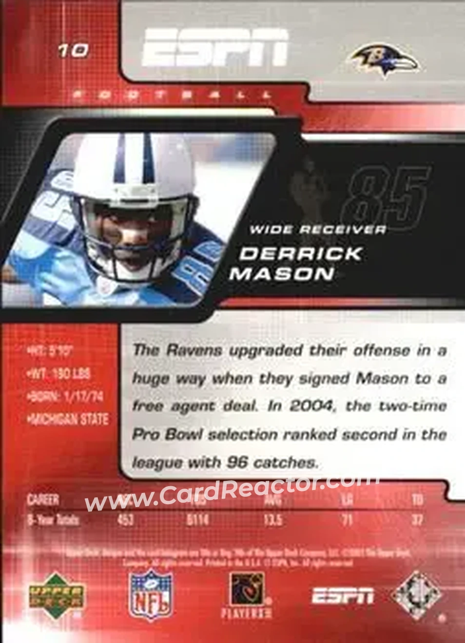 2005 Upper Deck ESPN #10 - Derrick Mason - Baltimore Ravens - Back 2005 Upper Deck ESPN #10 - Derrick Mason - Baltimore Ravens - Back