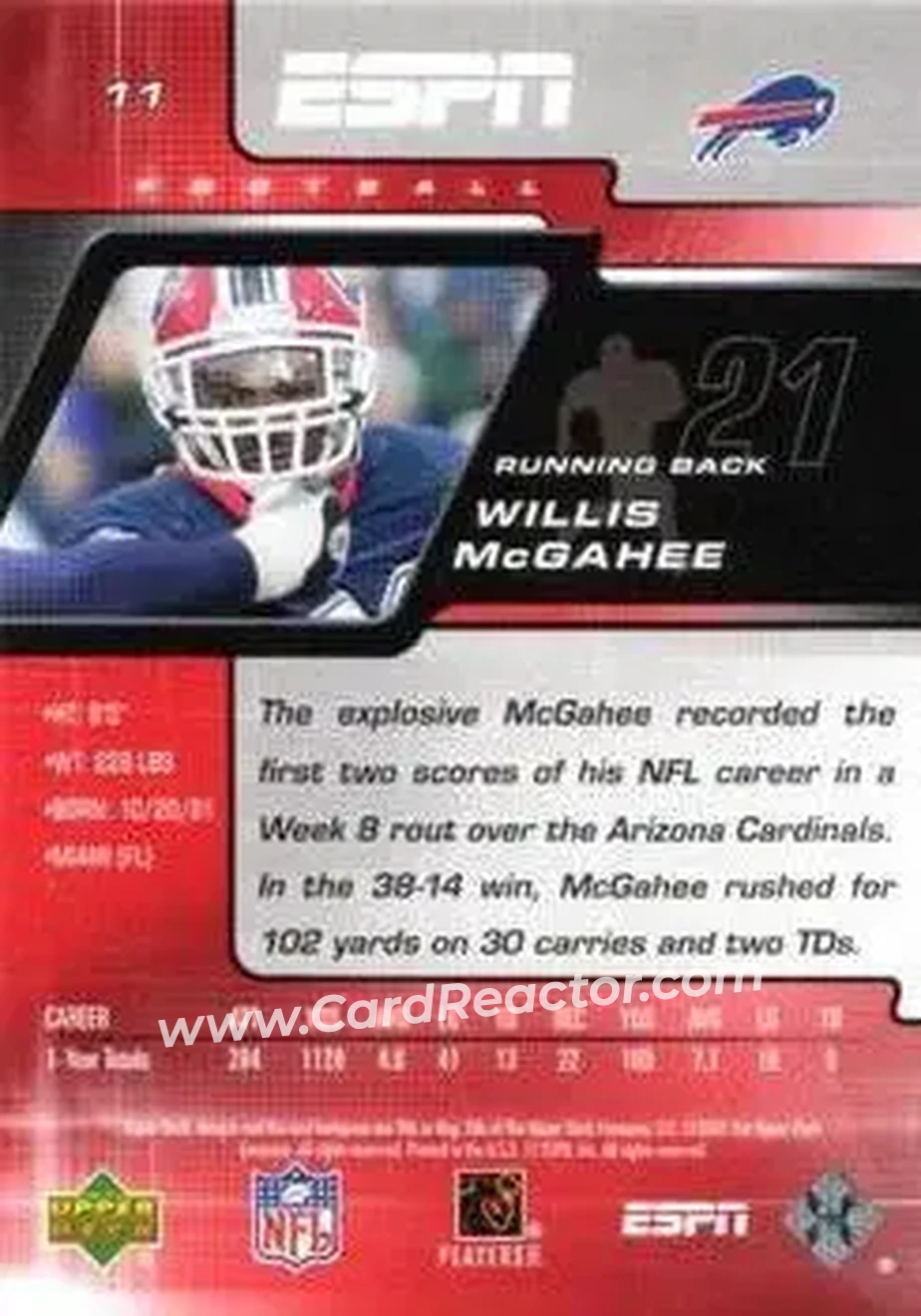 2005 Upper Deck ESPN #11 - Willis McGahee - Buffalo Bills - Back 2005 Upper Deck ESPN #11 - Willis McGahee - Buffalo Bills - Back