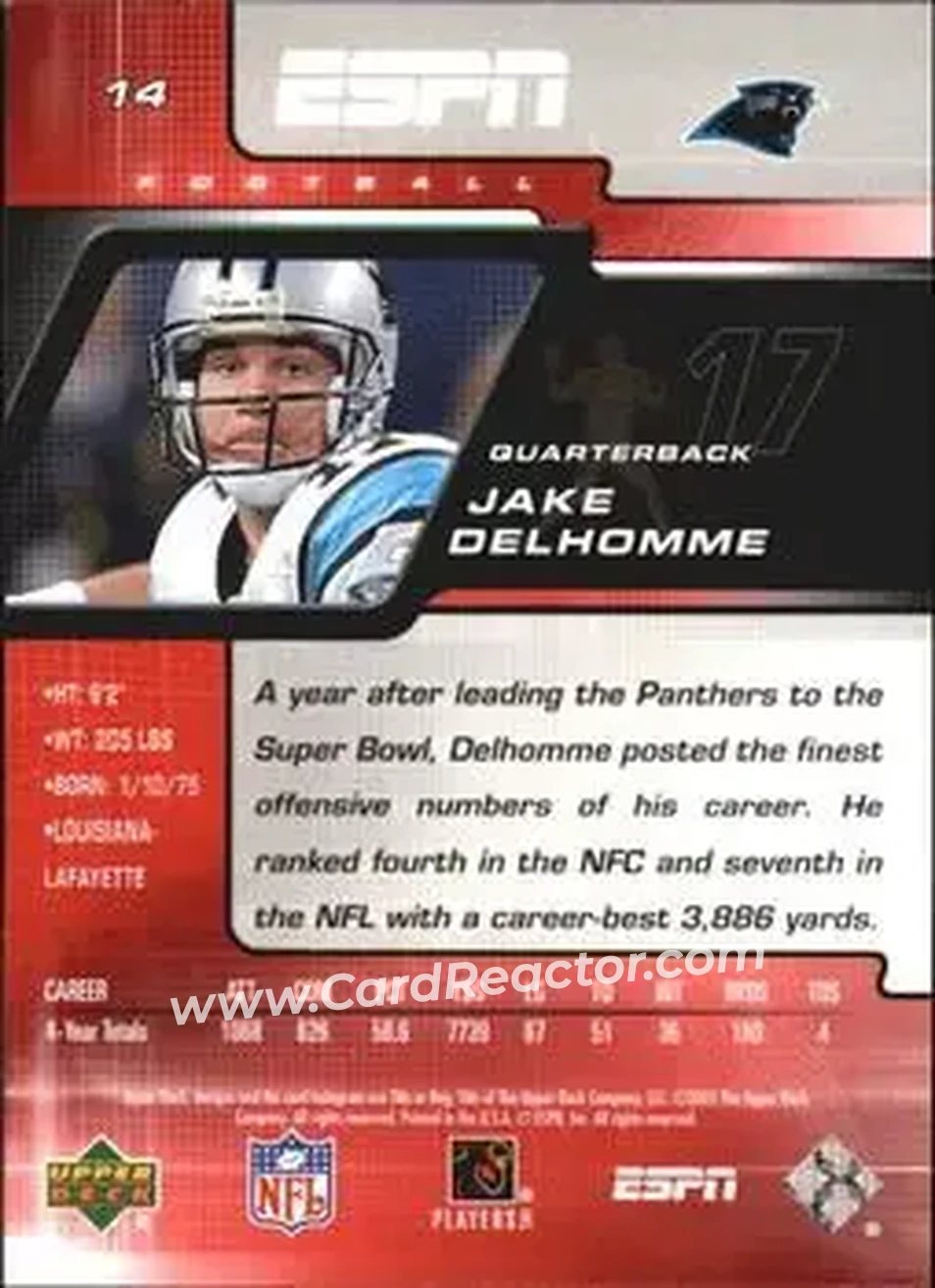 2005 Upper Deck ESPN #14 - Jake Delhomme - Carolina Panthers - Back