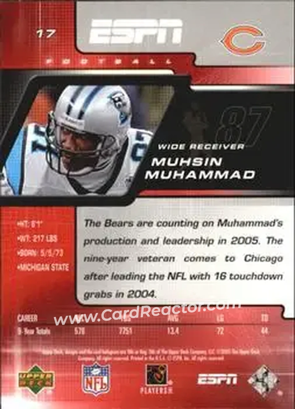2005 Upper Deck ESPN #17 - Muhsin Muhammad - Chicago Bears - Back