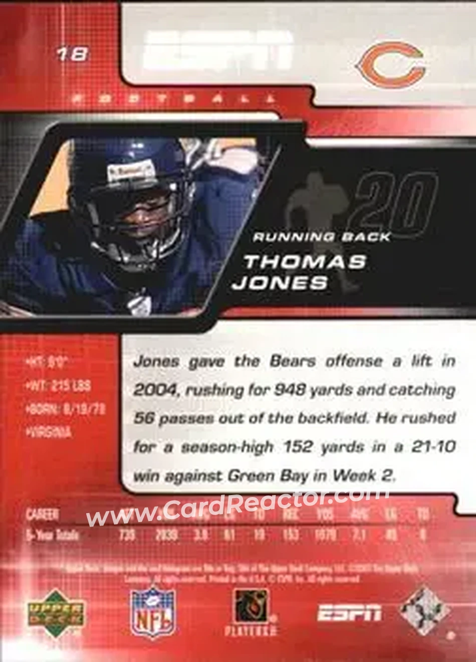 2005 Upper Deck ESPN #18 - Thomas Jones - Chicago Bears - Back 2005 Upper Deck ESPN #18 - Thomas Jones - Chicago Bears - Back