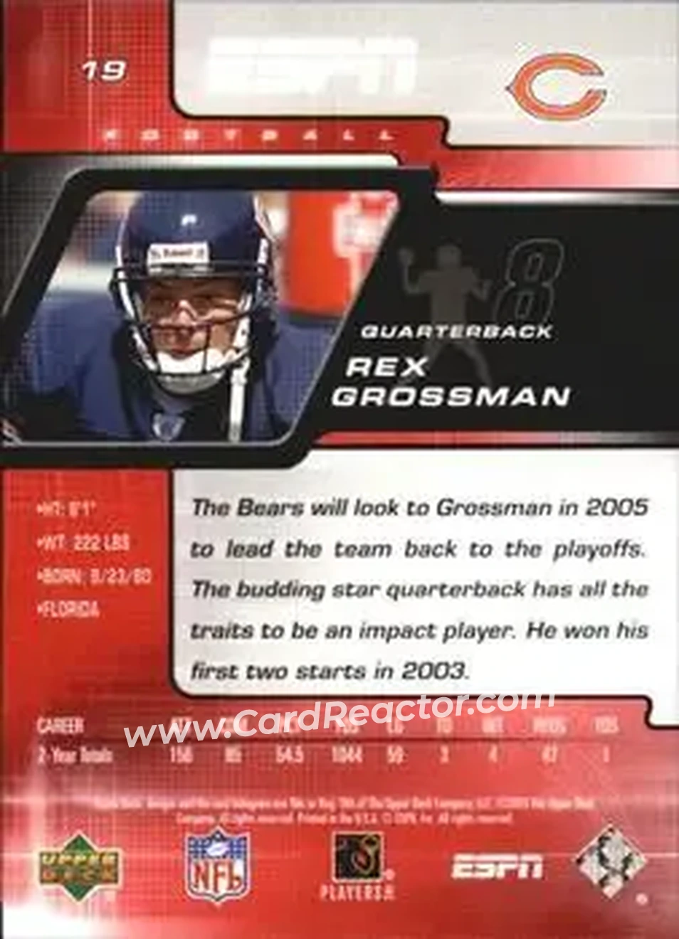 2005 Upper Deck ESPN #19 - Rex Grossman - Chicago Bears - Back 2005 Upper Deck ESPN #19 - Rex Grossman - Chicago Bears - Back