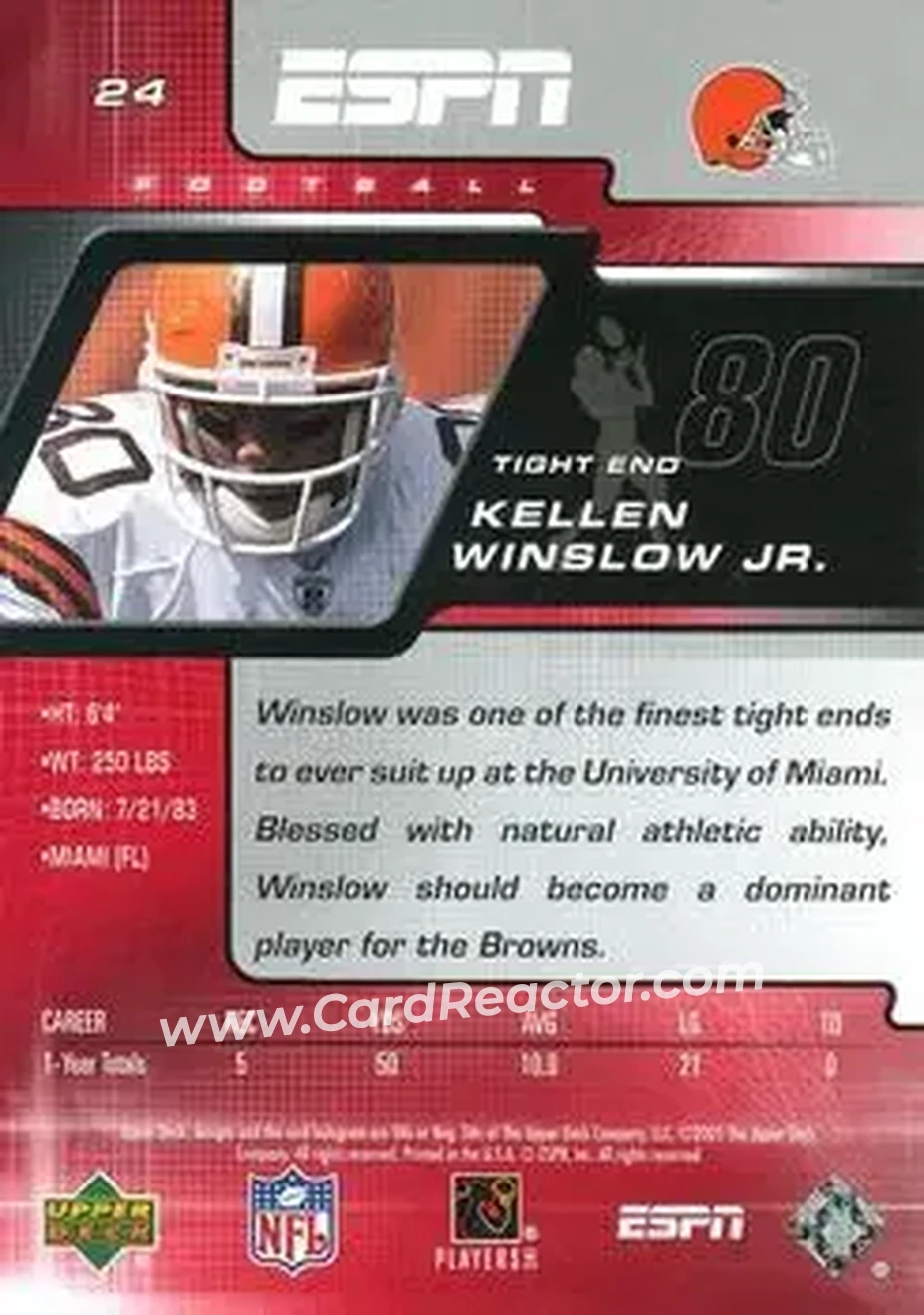 2005 Upper Deck ESPN #24 - Kellen Winslow Jr. - Cleveland Browns - Back 2005 Upper Deck ESPN #24 - Kellen Winslow Jr. - Cleveland Browns - Back