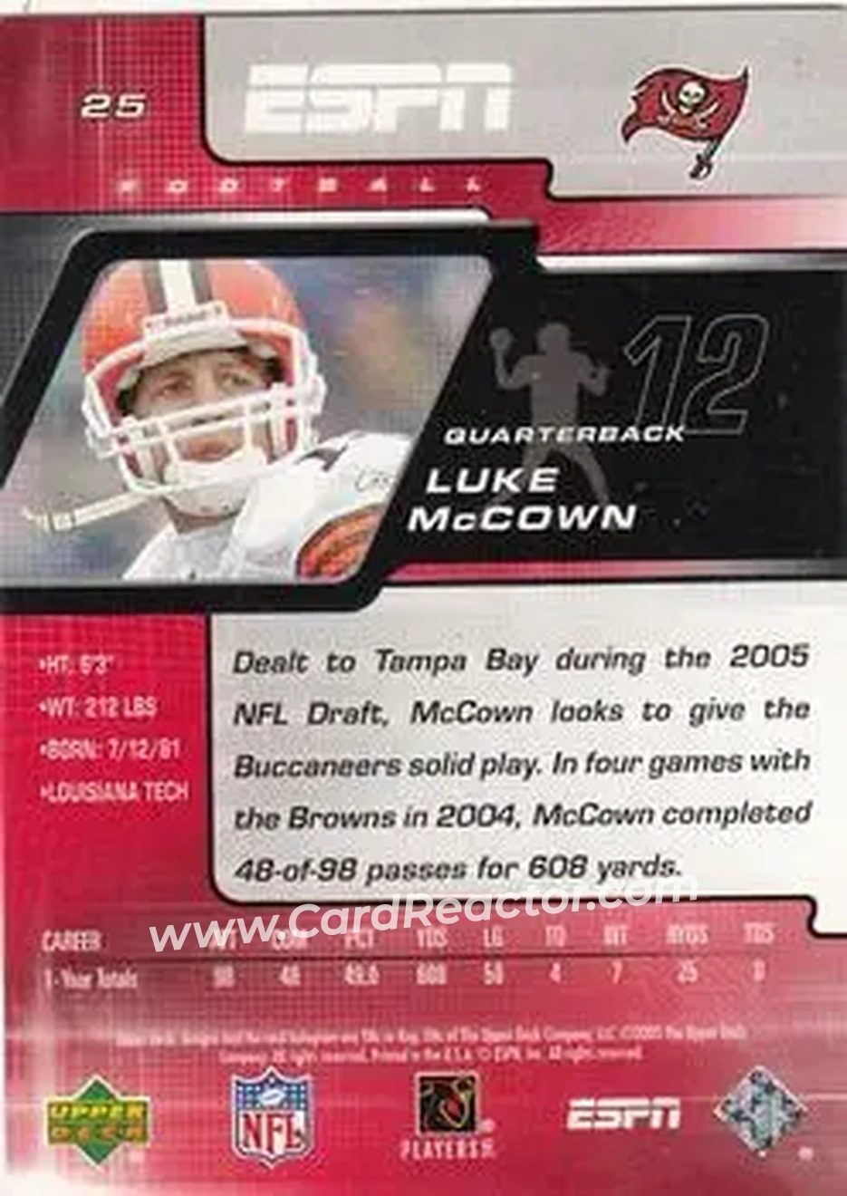 2005 Upper Deck ESPN #25 - Luke McCown - Tampa Bay Buccaneers - Back 2005 Upper Deck ESPN #25 - Luke McCown - Tampa Bay Buccaneers - Back