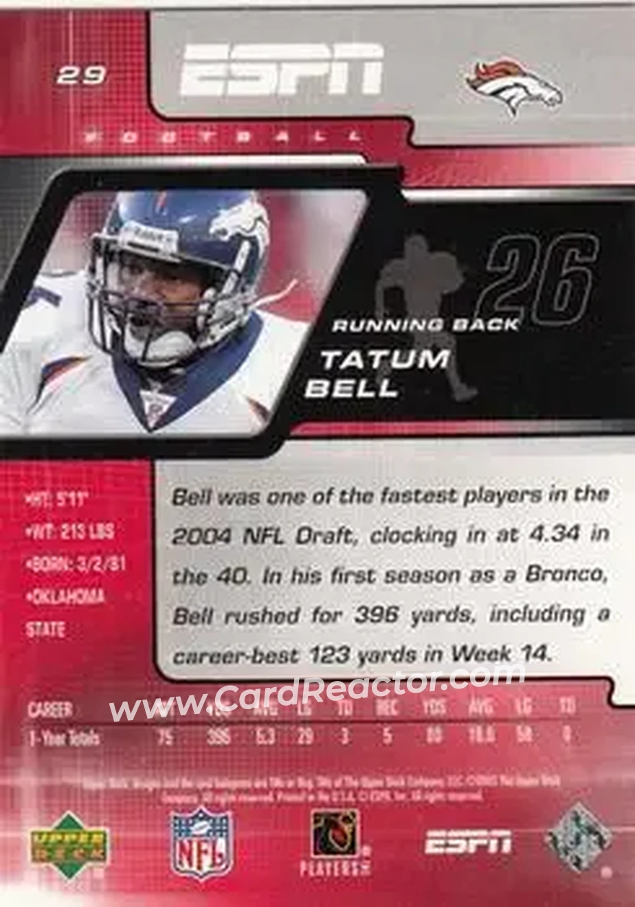 2005 Upper Deck ESPN #29 - Tatum Bell - Denver Broncos - Back 2005 Upper Deck ESPN #29 - Tatum Bell - Denver Broncos - Back
