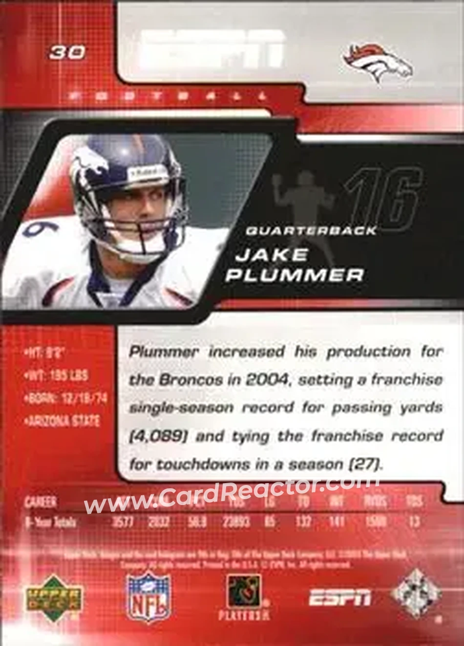 2005 Upper Deck ESPN #30 - Jake Plummer - Denver Broncos - Back 2005 Upper Deck ESPN #30 - Jake Plummer - Denver Broncos - Back