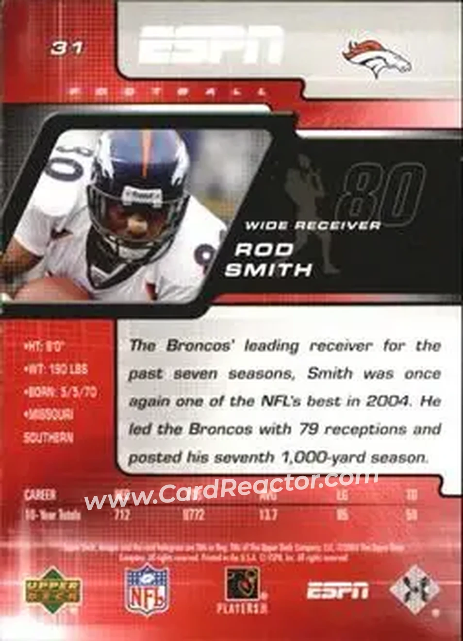 2005 Upper Deck ESPN #31 - Rod Smith - Denver Broncos - Back