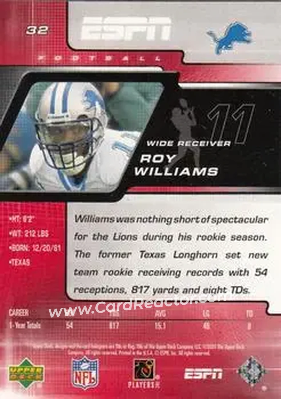 2005 Upper Deck ESPN #32 - Roy Williams - Detroit Lions - Back