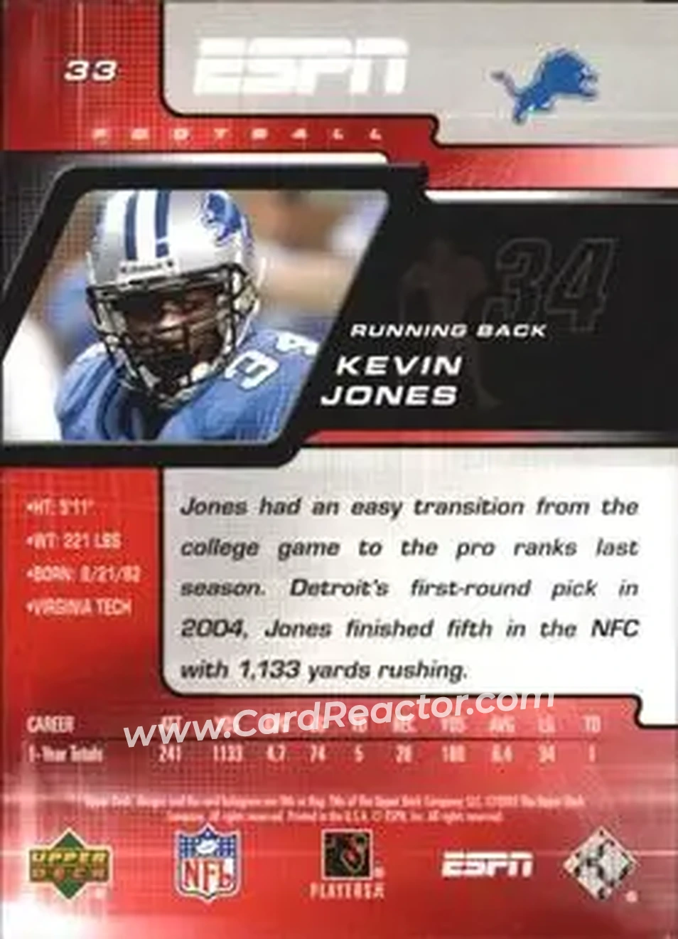 2005 Upper Deck ESPN #33 - Kevin Jones - Detroit Lions - Back 2005 Upper Deck ESPN #33 - Kevin Jones - Detroit Lions - Back