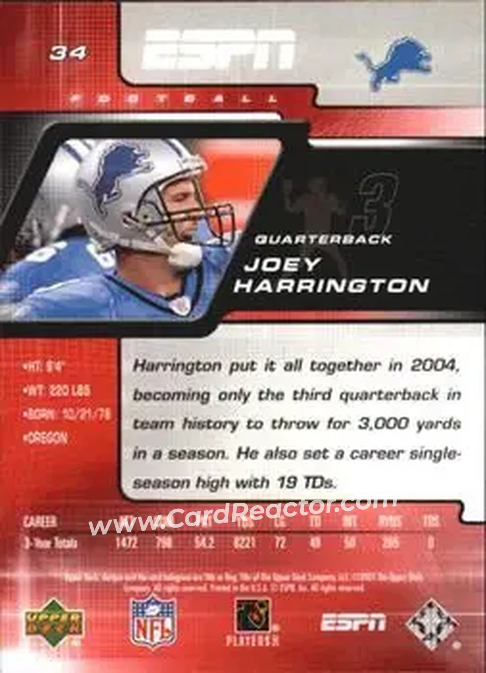 2005 Upper Deck ESPN #34 - Joey Harrington - Detroit Lions - Back 2005 Upper Deck ESPN #34 - Joey Harrington - Detroit Lions - Back
