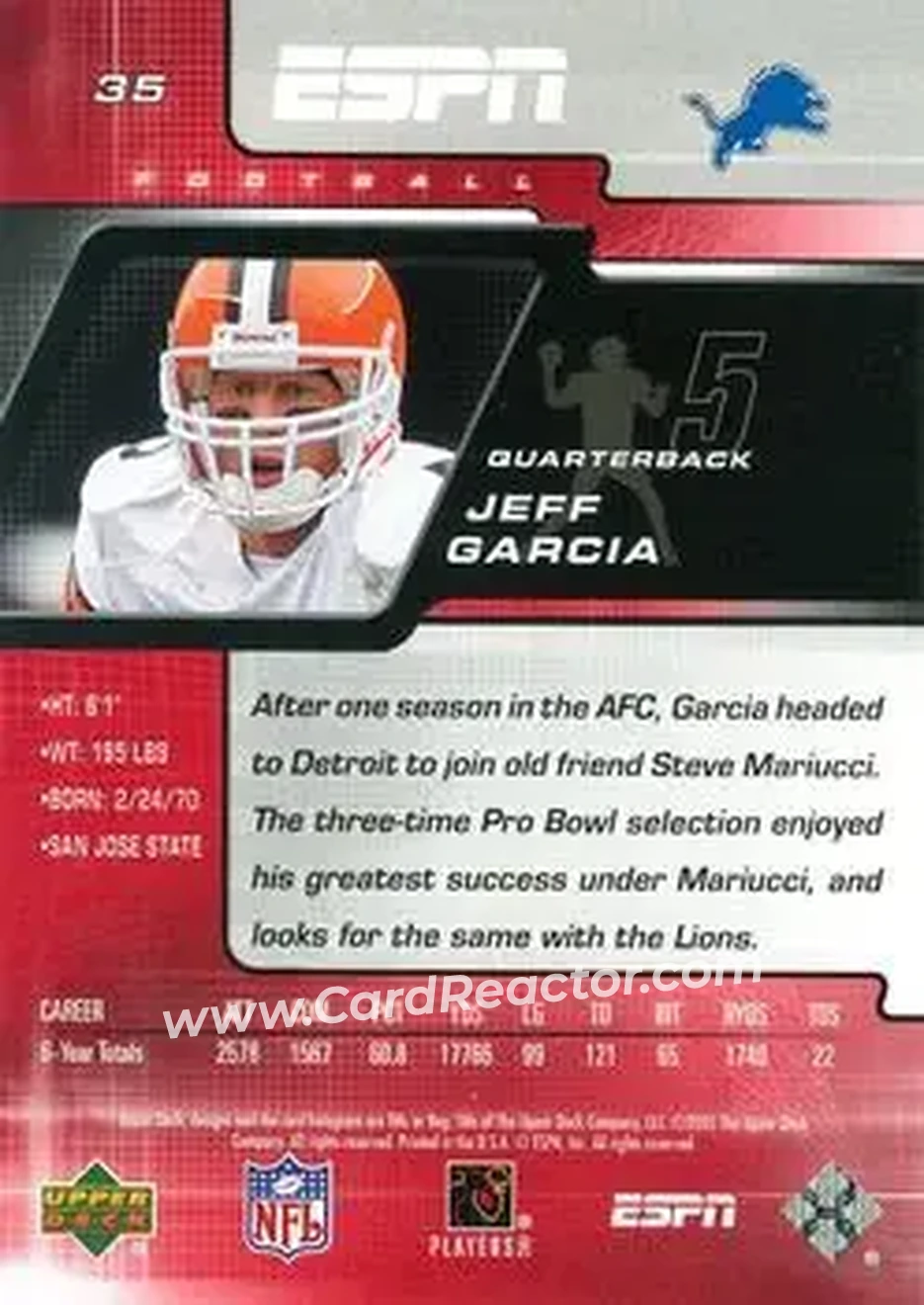 2005 Upper Deck ESPN #35 - Jeff Garcia - Detroit Lions - Back 2005 Upper Deck ESPN #35 - Jeff Garcia - Detroit Lions - Back
