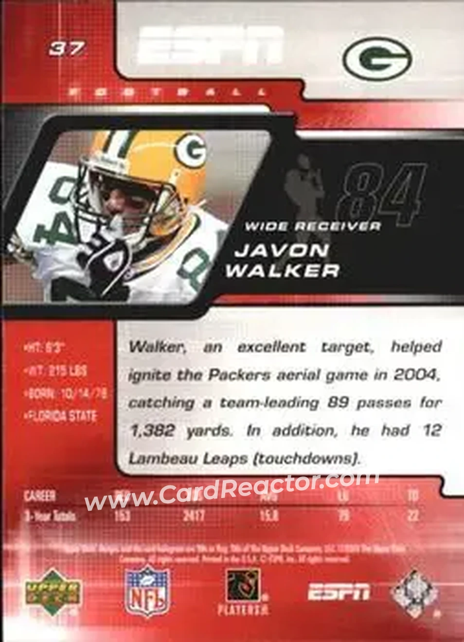 2005 Upper Deck ESPN #37 - Javon Walker - Green Bay Packers - Back 2005 Upper Deck ESPN #37 - Javon Walker - Green Bay Packers - Back
