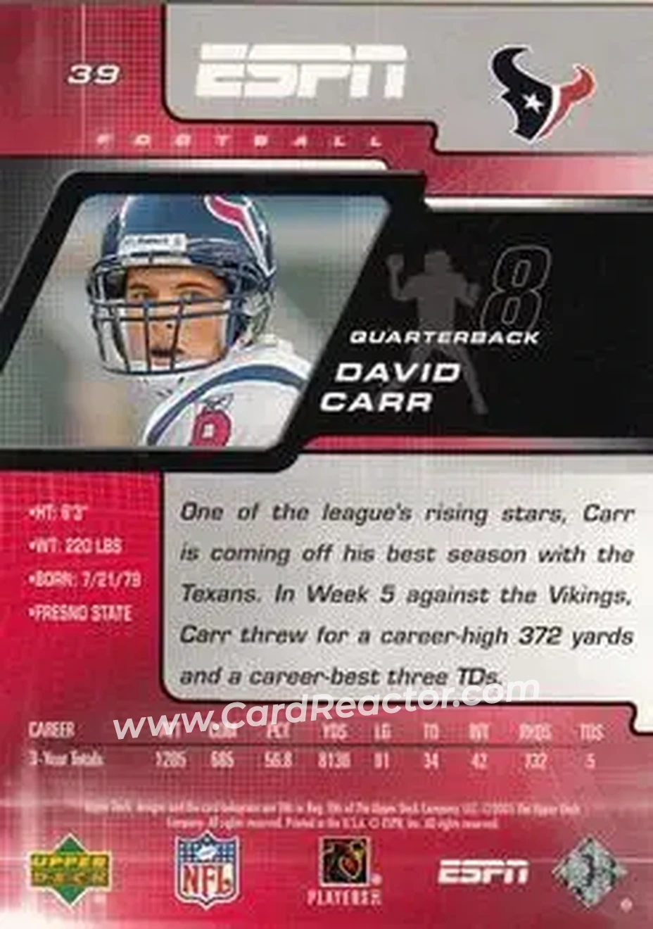 2005 Upper Deck ESPN #39 - David Carr - Houston Texans - Back 2005 Upper Deck ESPN #39 - David Carr - Houston Texans - Back