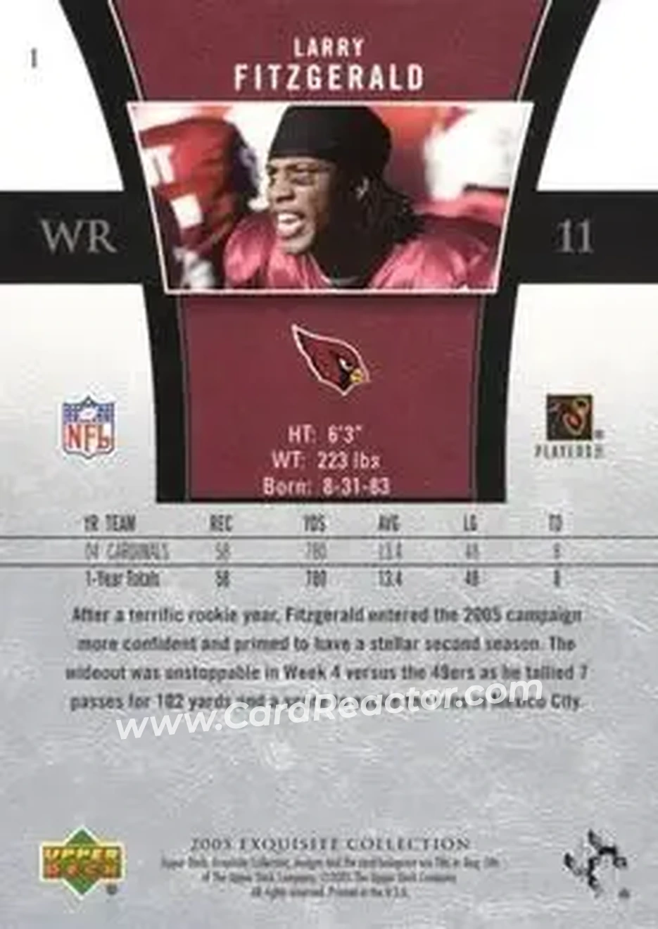 2005 Upper Deck Exquisite Collection #1 - Larry Fitzgerald - Arizona Cardinals - Back 2005 Upper Deck Exquisite Collection #1 - Larry Fitzgerald - Arizona Cardinals - Back