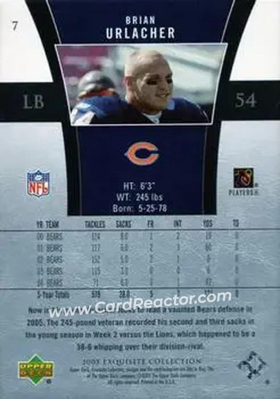 2005 Upper Deck Exquisite Collection #7 - Brian Urlacher - Chicago Bears - Back