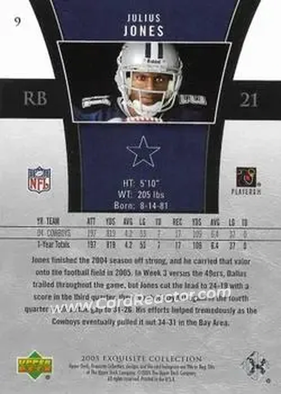 2005 Upper Deck Exquisite Collection #9 - Julius Jones - Dallas Cowboys - Back 2005 Upper Deck Exquisite Collection #9 - Julius Jones - Dallas Cowboys - Back