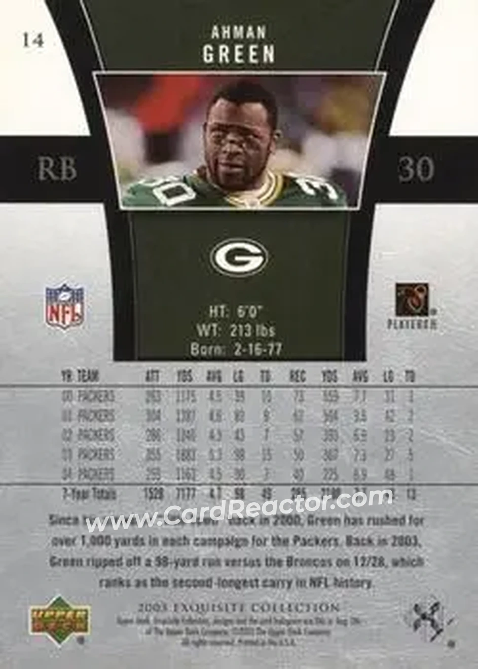 2005 Upper Deck Exquisite Collection #14 - Ahman Green - Green Bay Packers - Back