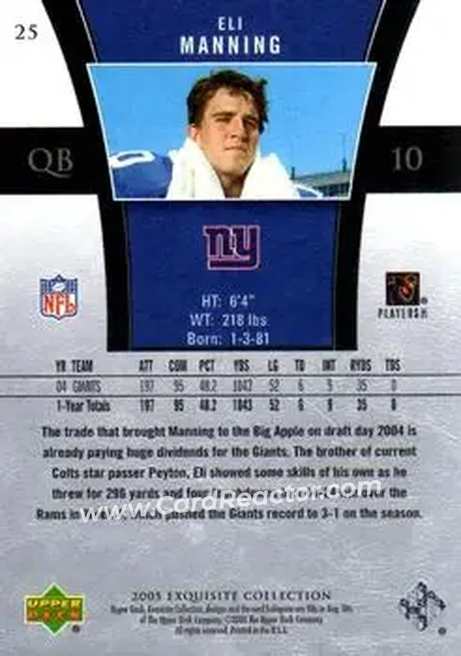 2005 Upper Deck Exquisite Collection #25 - Eli Manning - New York Giants - Back 2005 Upper Deck Exquisite Collection #25 - Eli Manning - New York Giants - Back