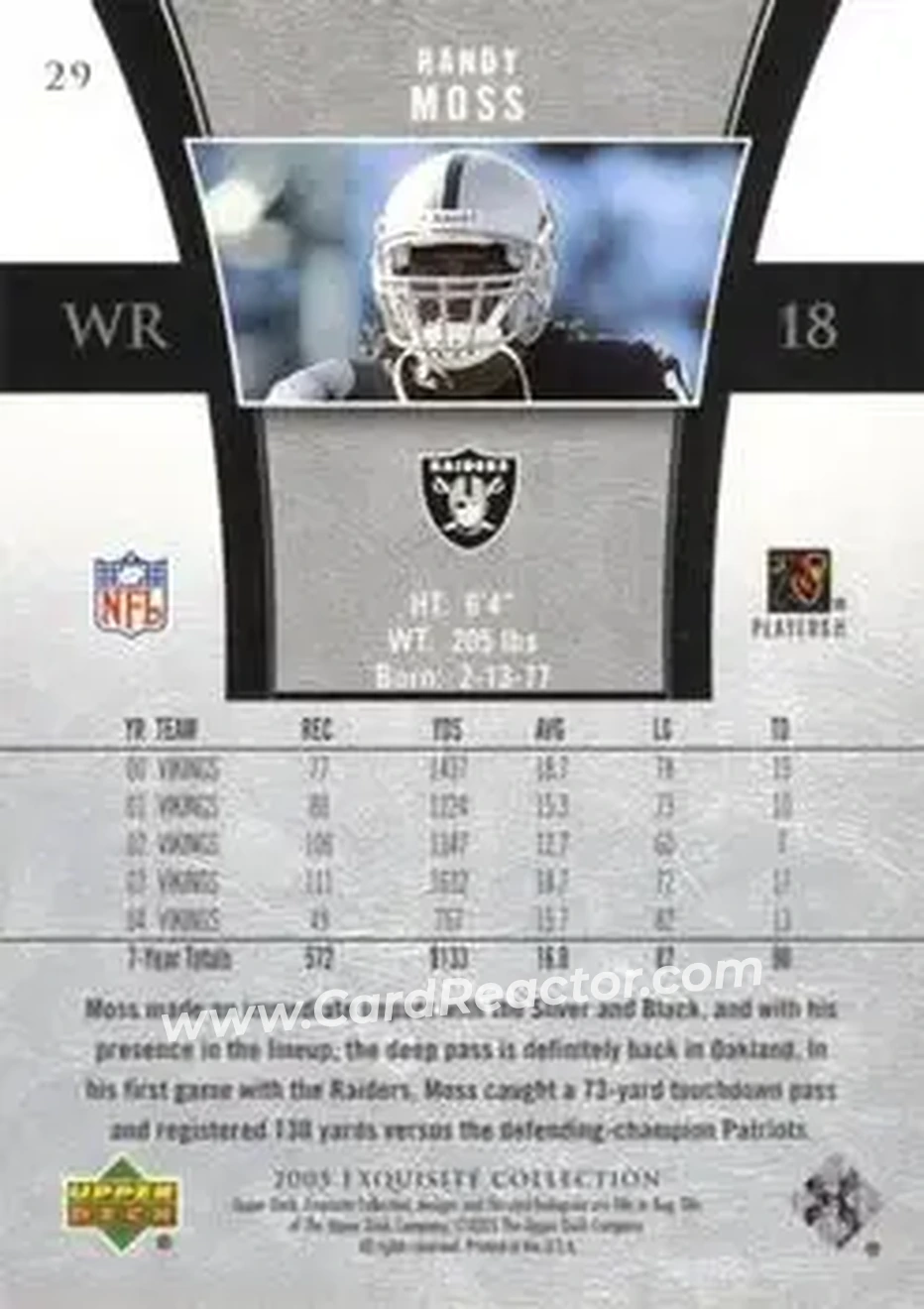 2005 Upper Deck Exquisite Collection #29 - Randy Moss - Oakland Raiders - Back 2005 Upper Deck Exquisite Collection #29 - Randy Moss - Oakland Raiders - Back